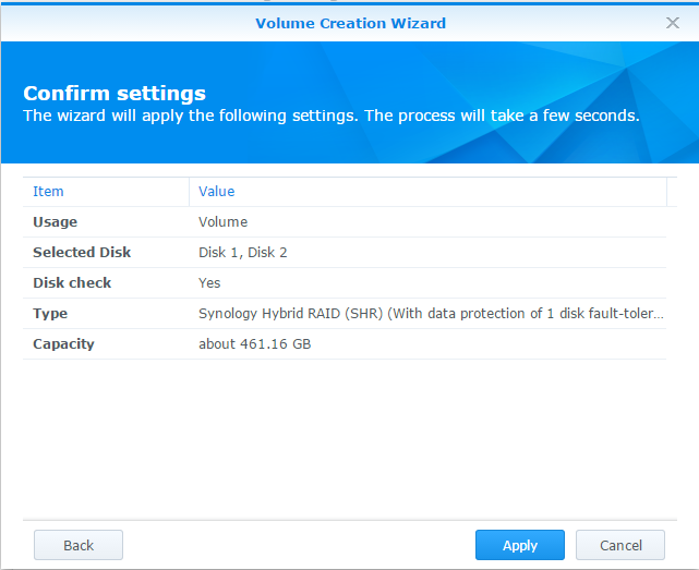 Synology Confirm volume settings Synology Confirm volume settings